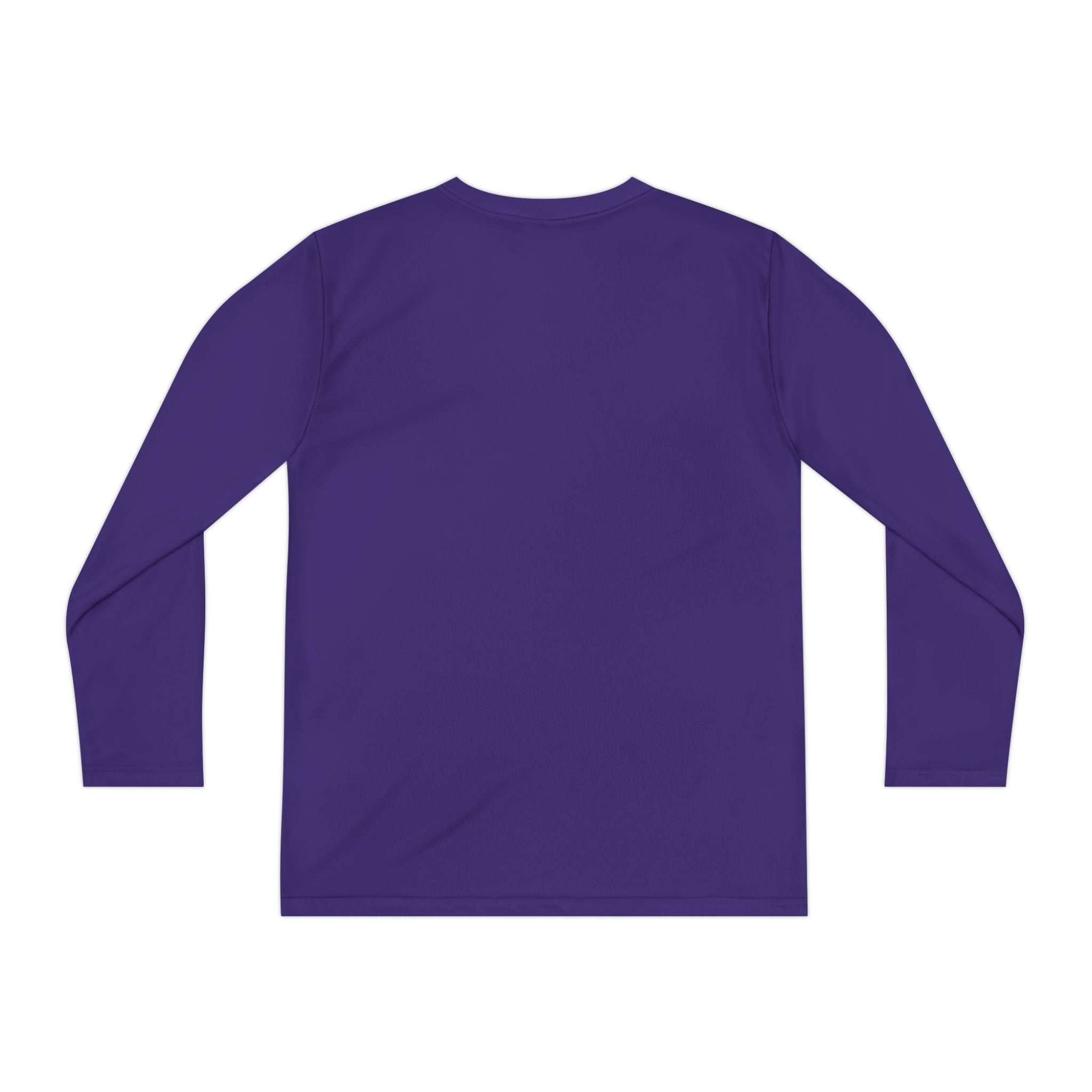 Purple long sleeve youth tee with moisture-wicking fabric and athletic fit, perfect for Halloween and baseball fans