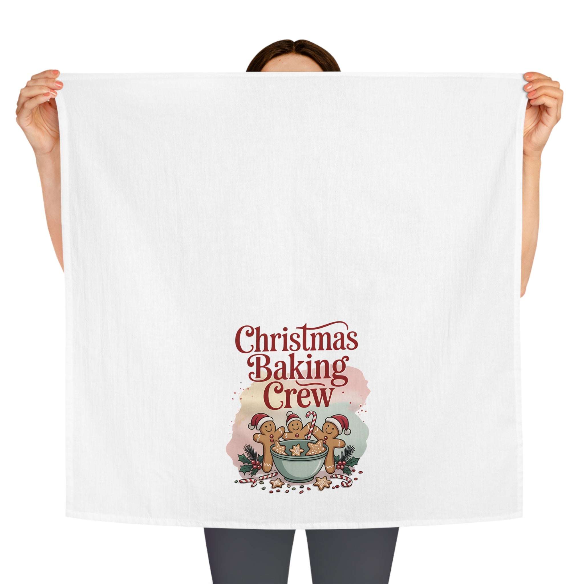 White tea towel featuring "Christmas Baking Crew" design, perfect for festive kitchen decor by Printify, size 28" × 28".