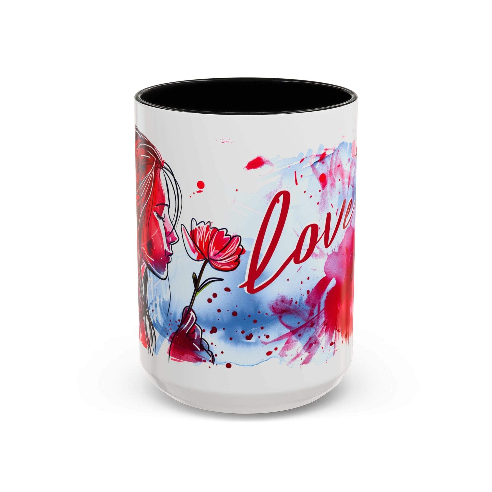 Valentines Floral Love Accent Coffee Mug with romantic heart and floral red design, black interior and handle, dishwasher and microwave safe ceramic mug.
