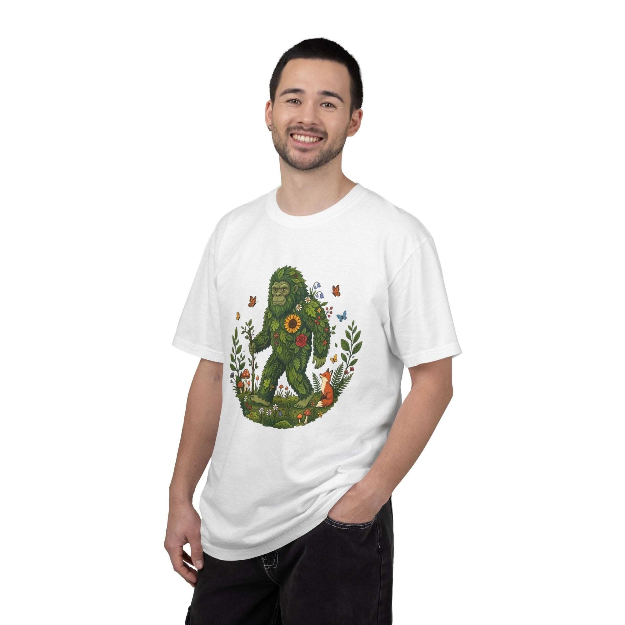 Forest Sasquatch Illustration T-shirt with floral woodland Bigfoot and fox design on vintage cotton fabric
