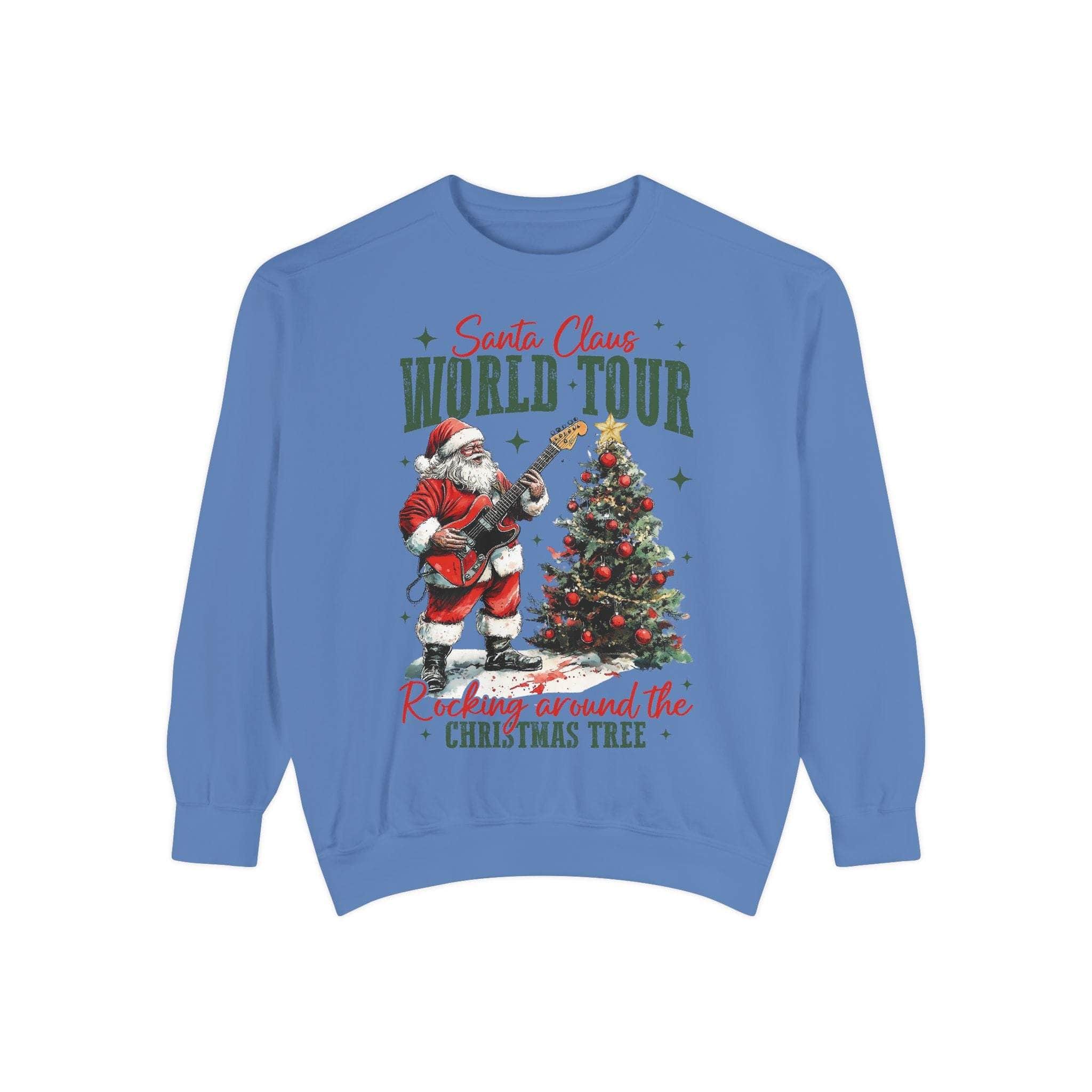 Blue Sweatshirt Rocking Santa World Tour with Santa playing guitar by Christmas tree, festive holiday design