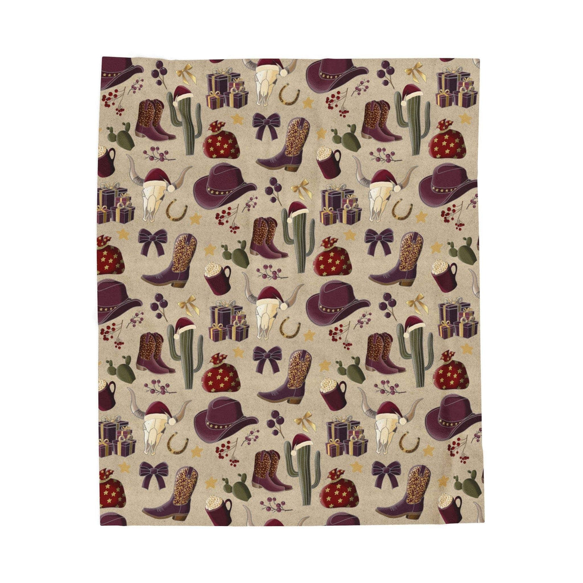 Cowboy Christmas plush blanket with festive western-themed pattern and vibrant colors