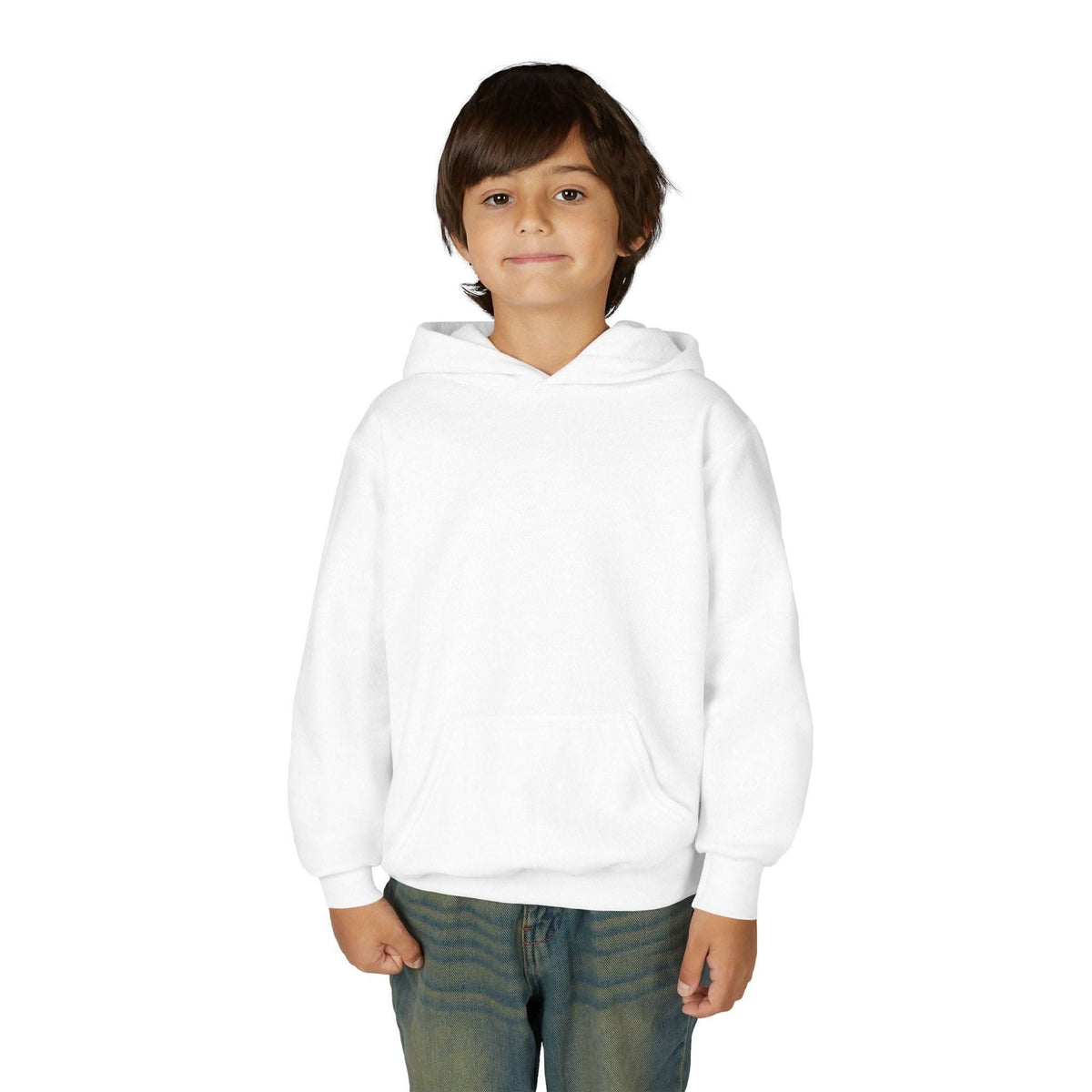 Child wearing white Patchwork Wild Word Hoodie with kangaroo pocket and hood in casual pose
