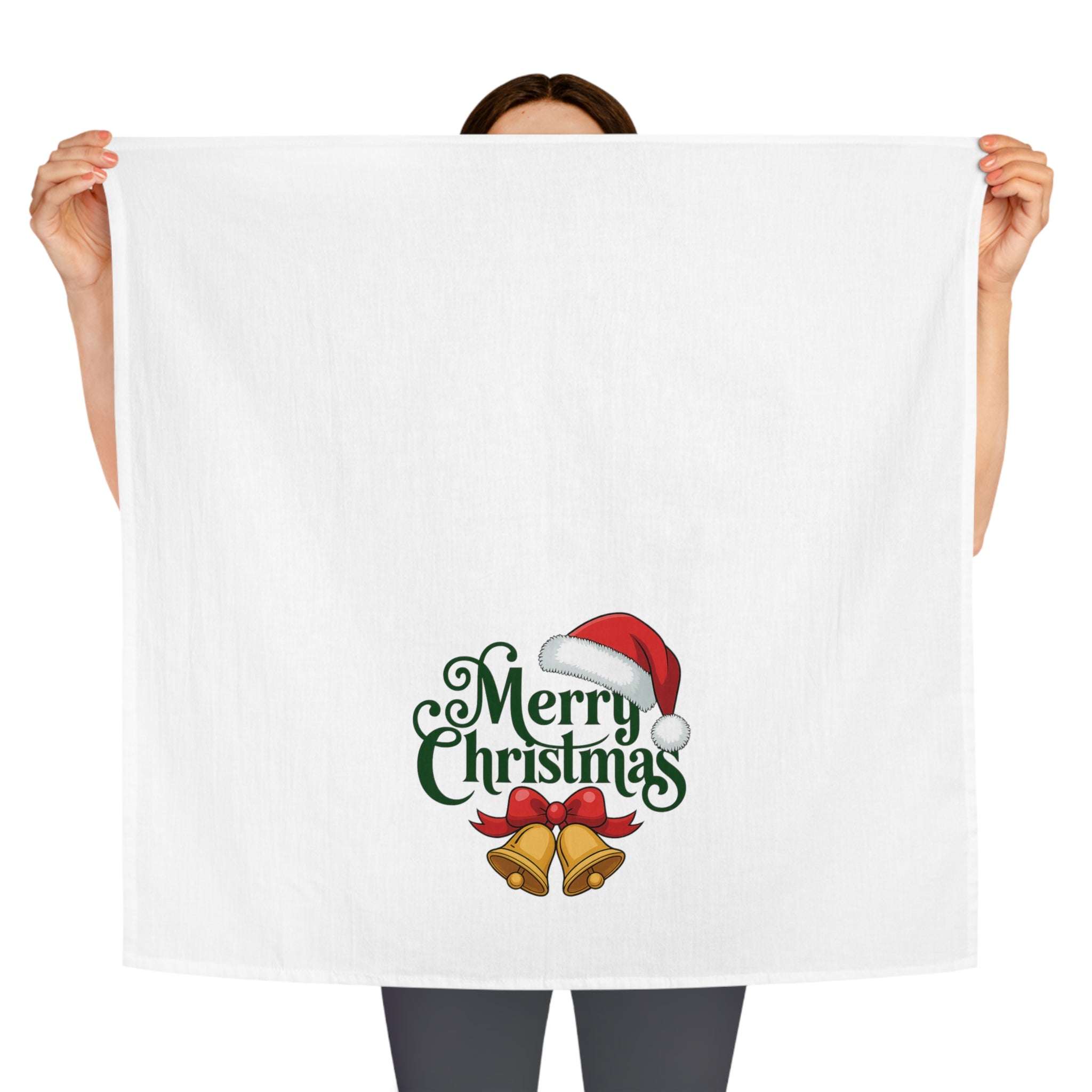 White cotton tea towel with Merry Christmas Bells design featuring bells and Santa hat