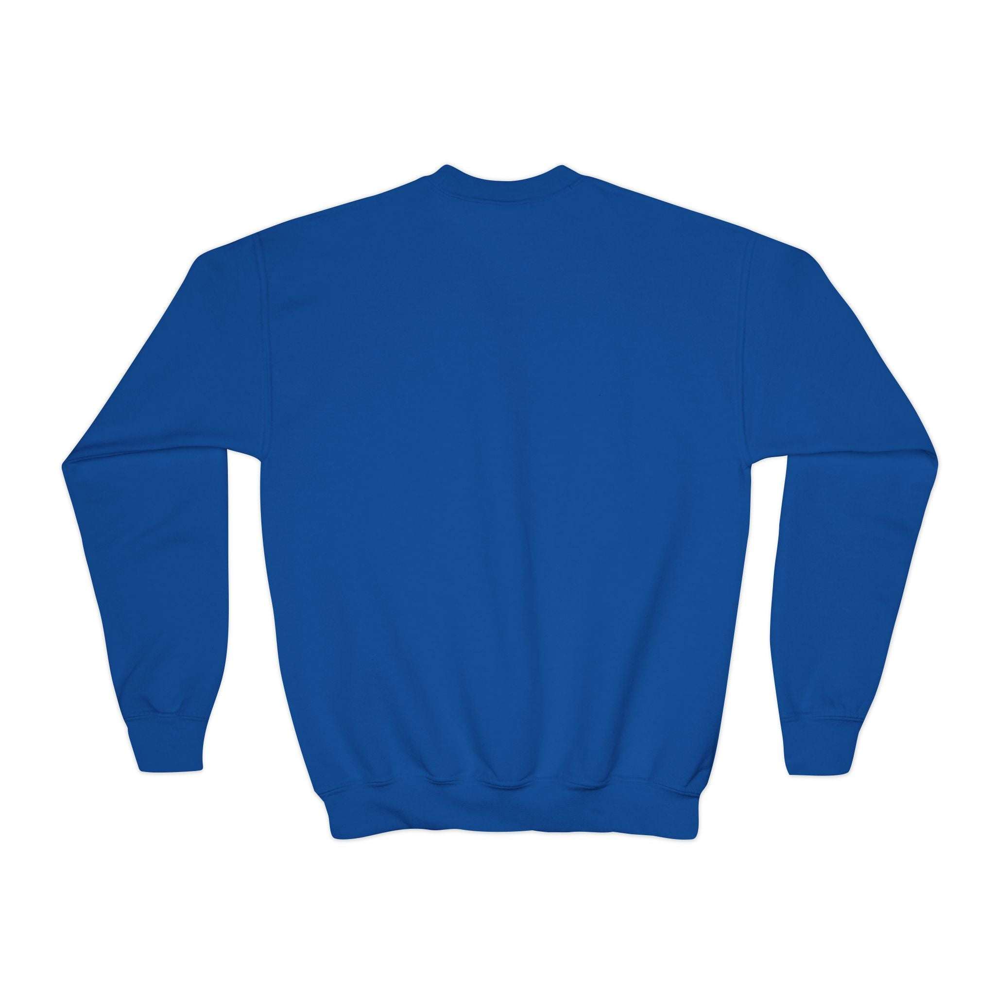 Blue Moody Girl Highland Cow youth sweatshirt back view with ribbed collar and cuffs
