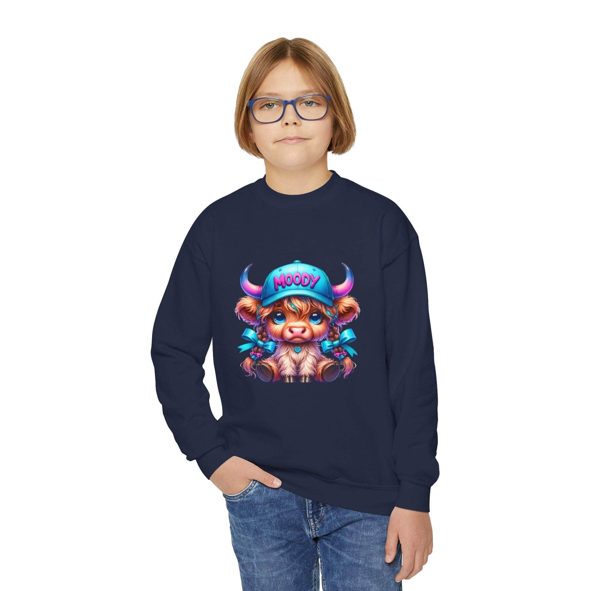 Youth navy sweatshirt with Moody Girl Highland Cow graphic, cotton-poly blend, ribbed collar, and loose fit