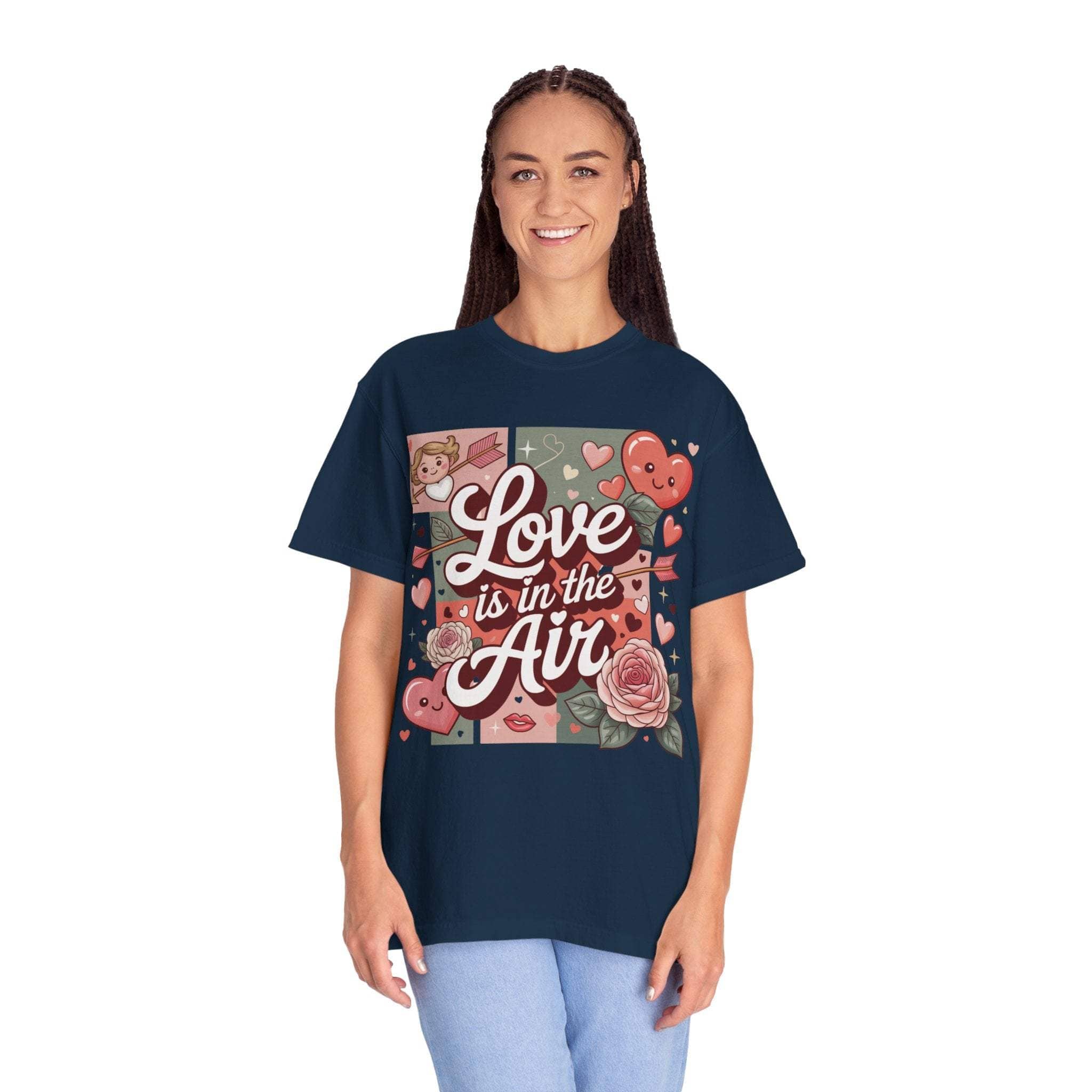 Valentine’s T-shirt with hearts and Love Is in the Air design in vintage washed colors