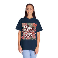 Valentine’s T-shirt with hearts and Love Is in the Air design in vintage washed colors
