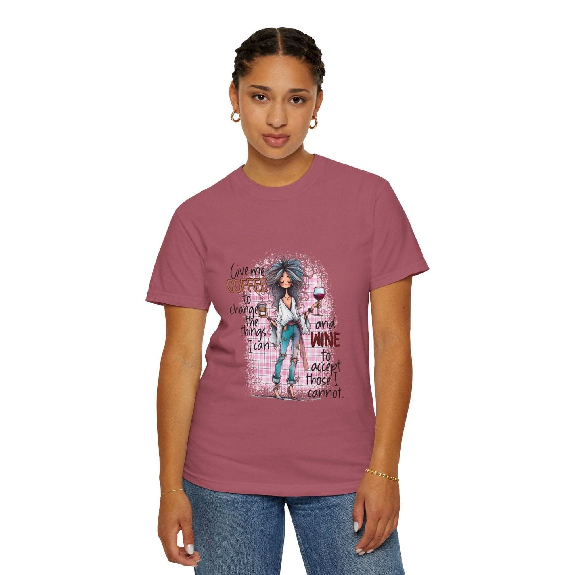 Unisex Coffee and Wine T-shirt with humorous quote and relaxed fit in pink color