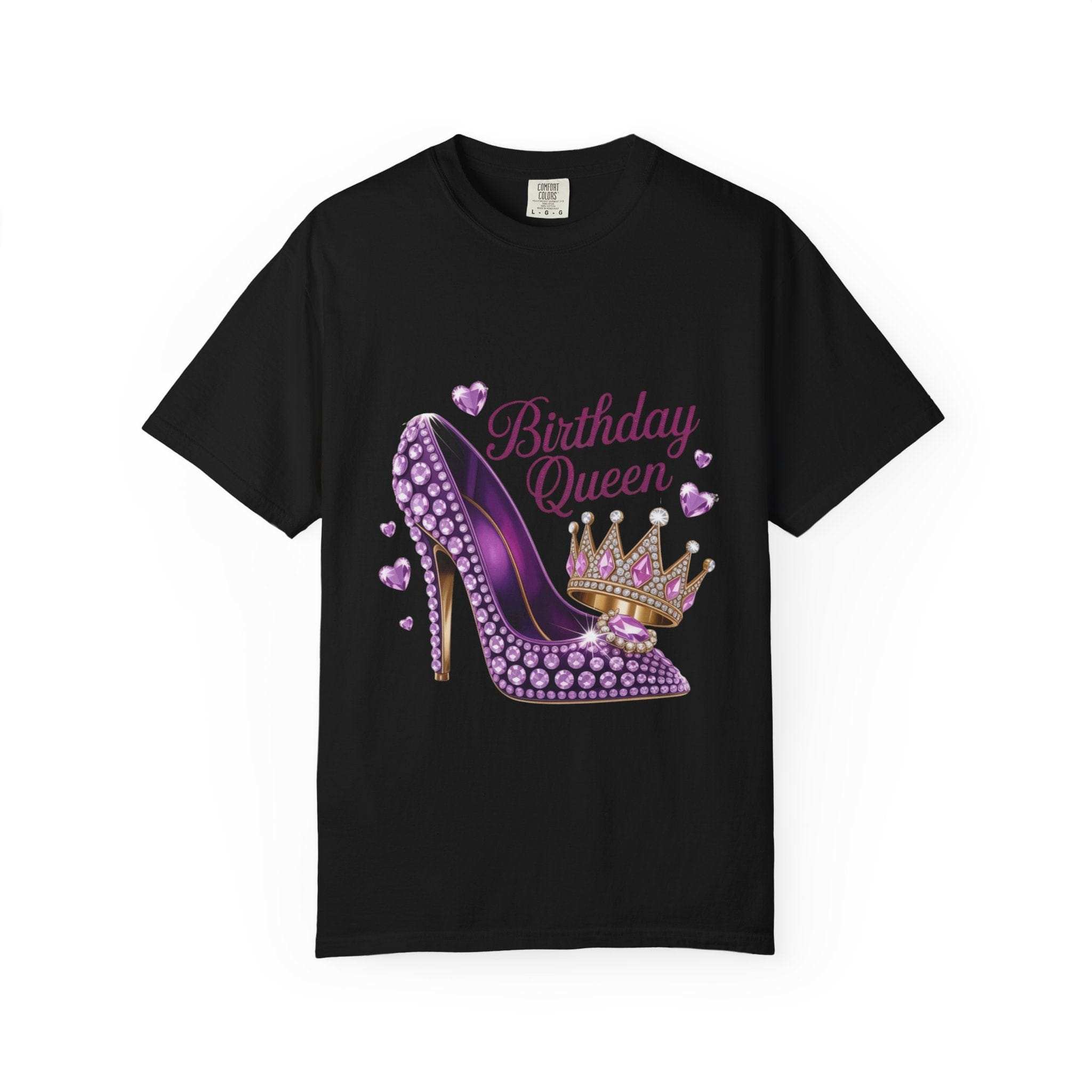 Black cotton t-shirt with 'Birthday Queen' graphic, stylish high heel design, from Printify
