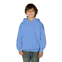 Child wearing blue Patchwork Wild Word Hoodie with kangaroo pocket and hood