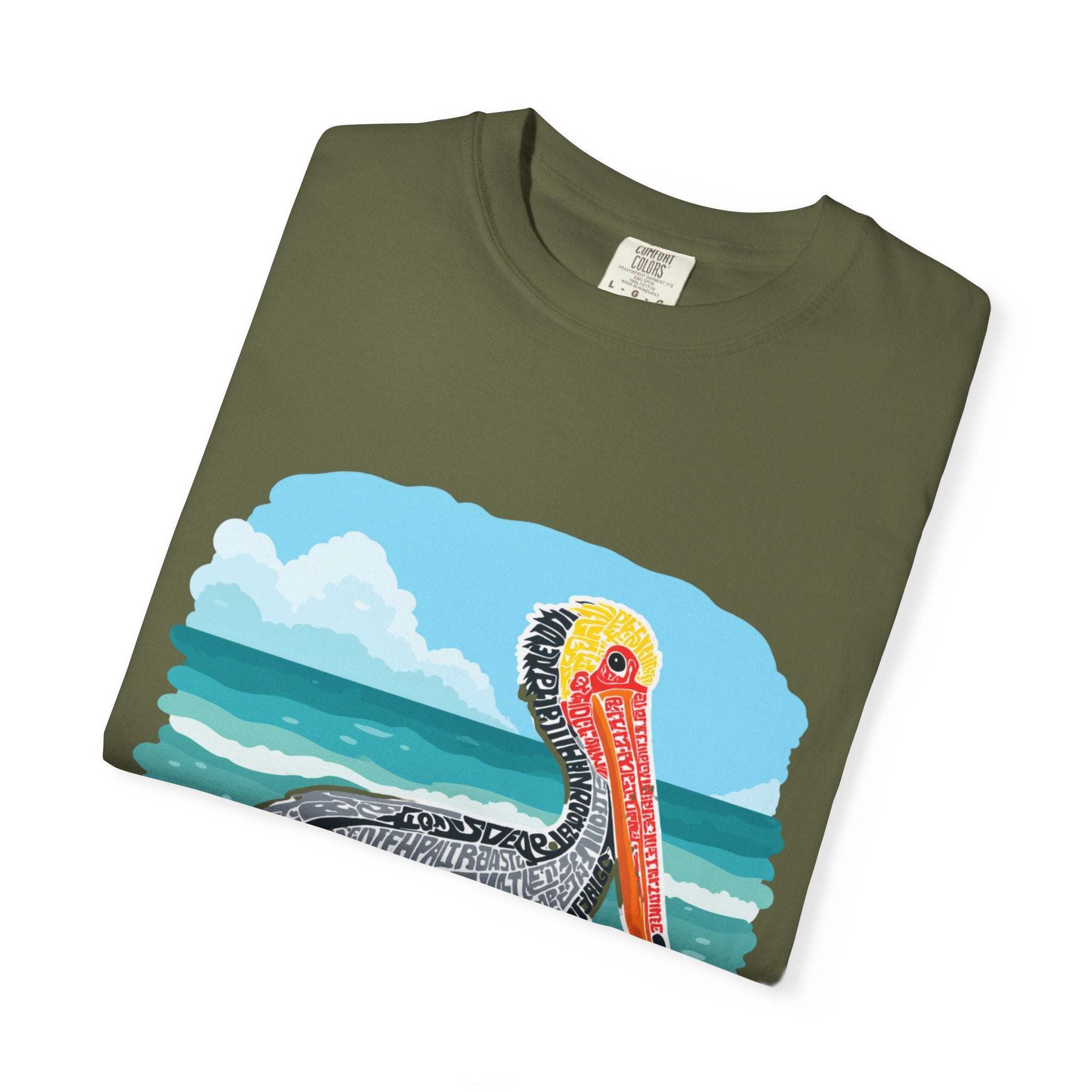Vintage pelican letter poster graphic on a soft coastal t-shirt