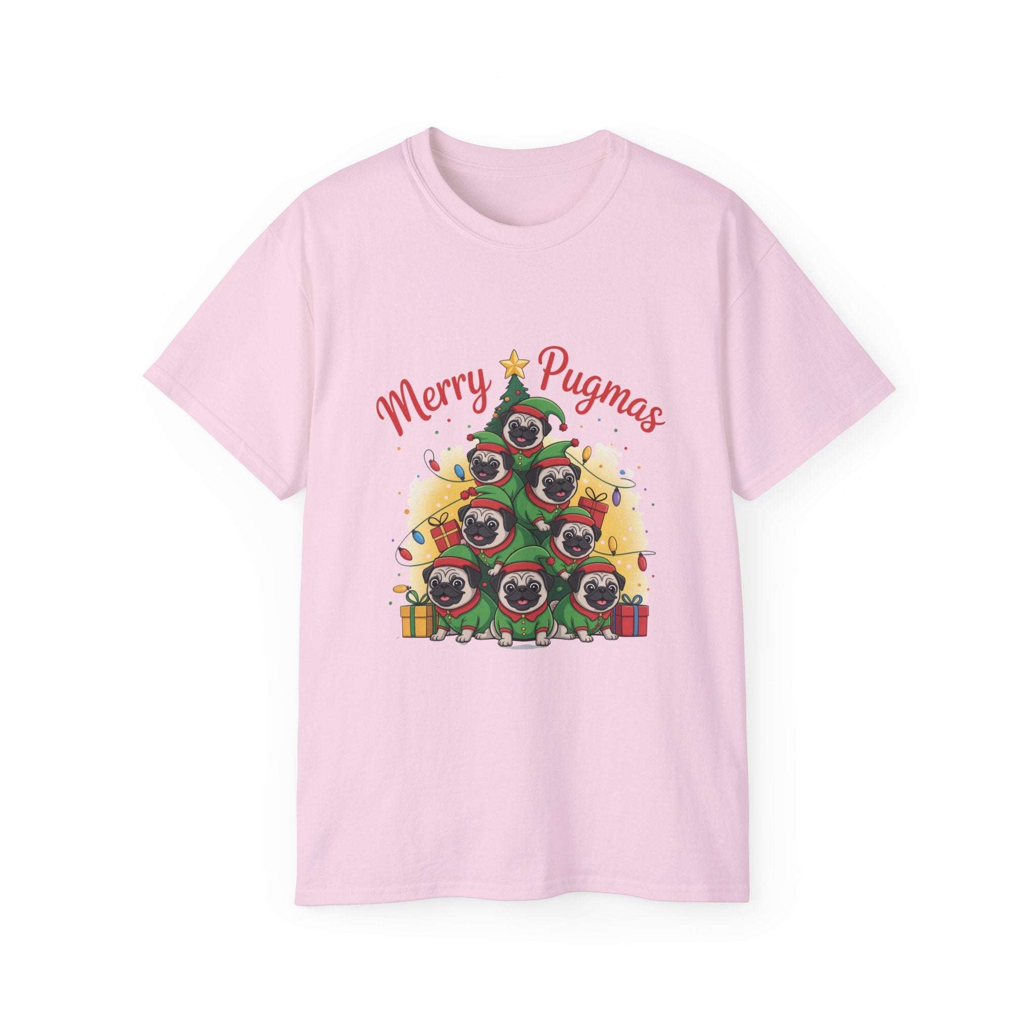 Black Merry Pugmas holiday t-shirt from Printify, featuring festive pug design for dog lovers.