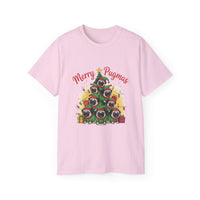 Black Merry Pugmas holiday t-shirt from Printify, featuring festive pug design for dog lovers.
