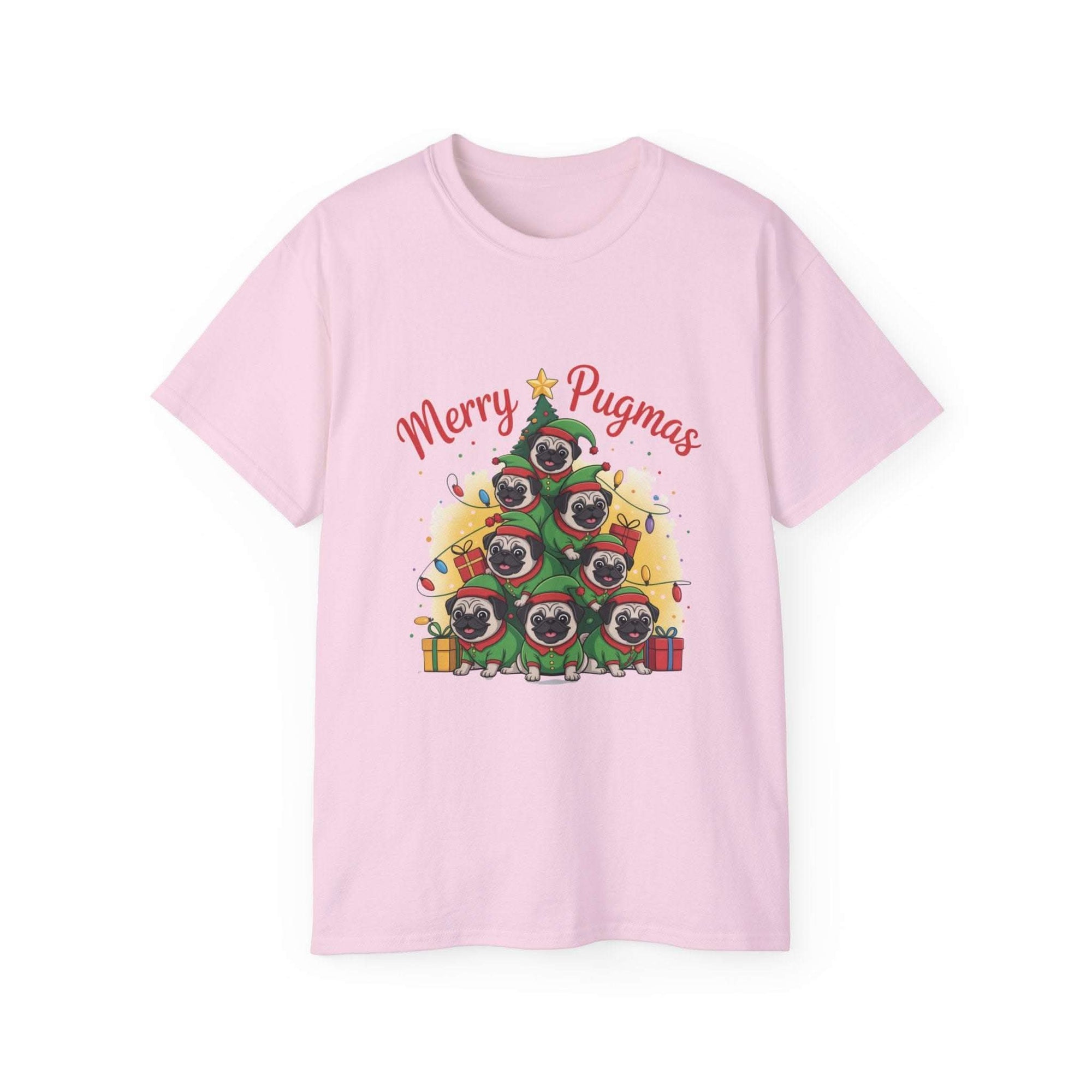 Black Merry Pugmas holiday t-shirt from Printify, featuring festive pug design for dog lovers.