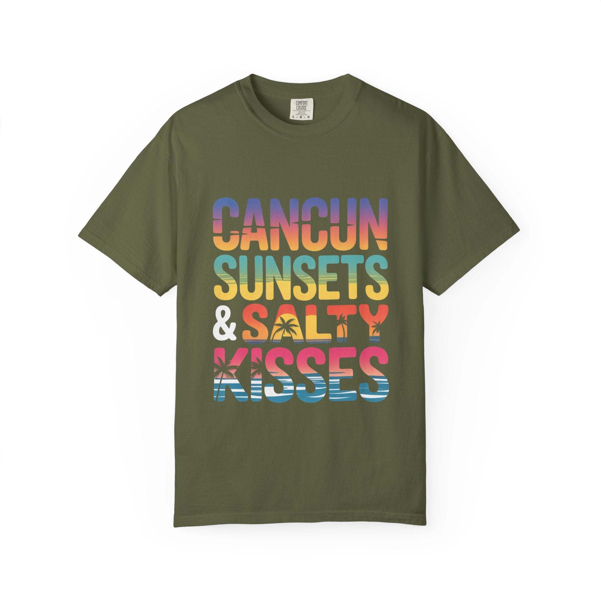 Black lightweight tropical t-shirt with 'Cancun Sunsets Salty Kisses' graphic by Printify