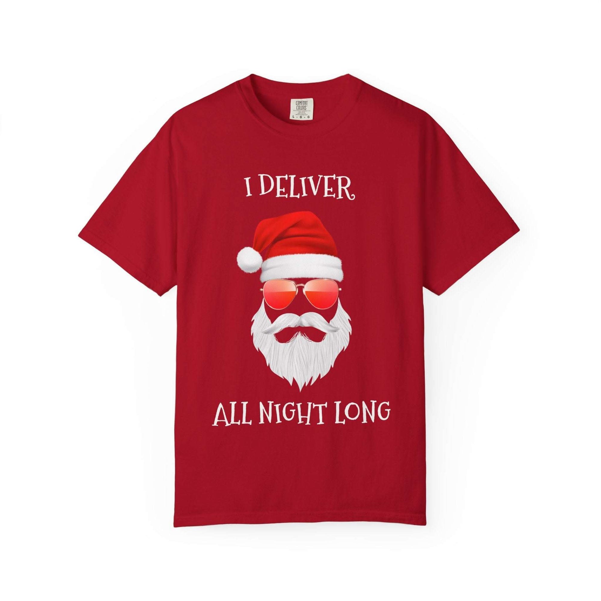 Espresso cotton t-shirt featuring 'Santa I Deliver All Night Long' print, holiday-themed design by Printify
