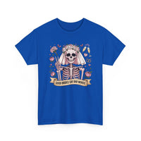 Bride skull illustration tee with skeleton bride, roses, champagne glasses, and "Good brides say bad words" banner on white cotton shirt
