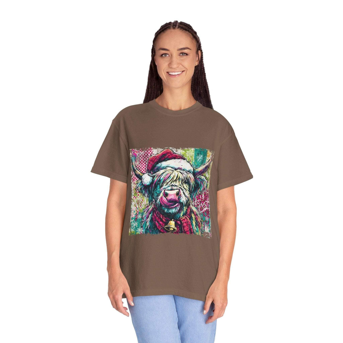 Retro Santa Highland Cow graphic on green cotton T-shirt