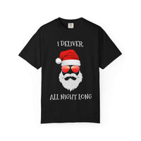 Espresso cotton t-shirt featuring 'Santa I Deliver All Night Long' print, holiday-themed design by Printify