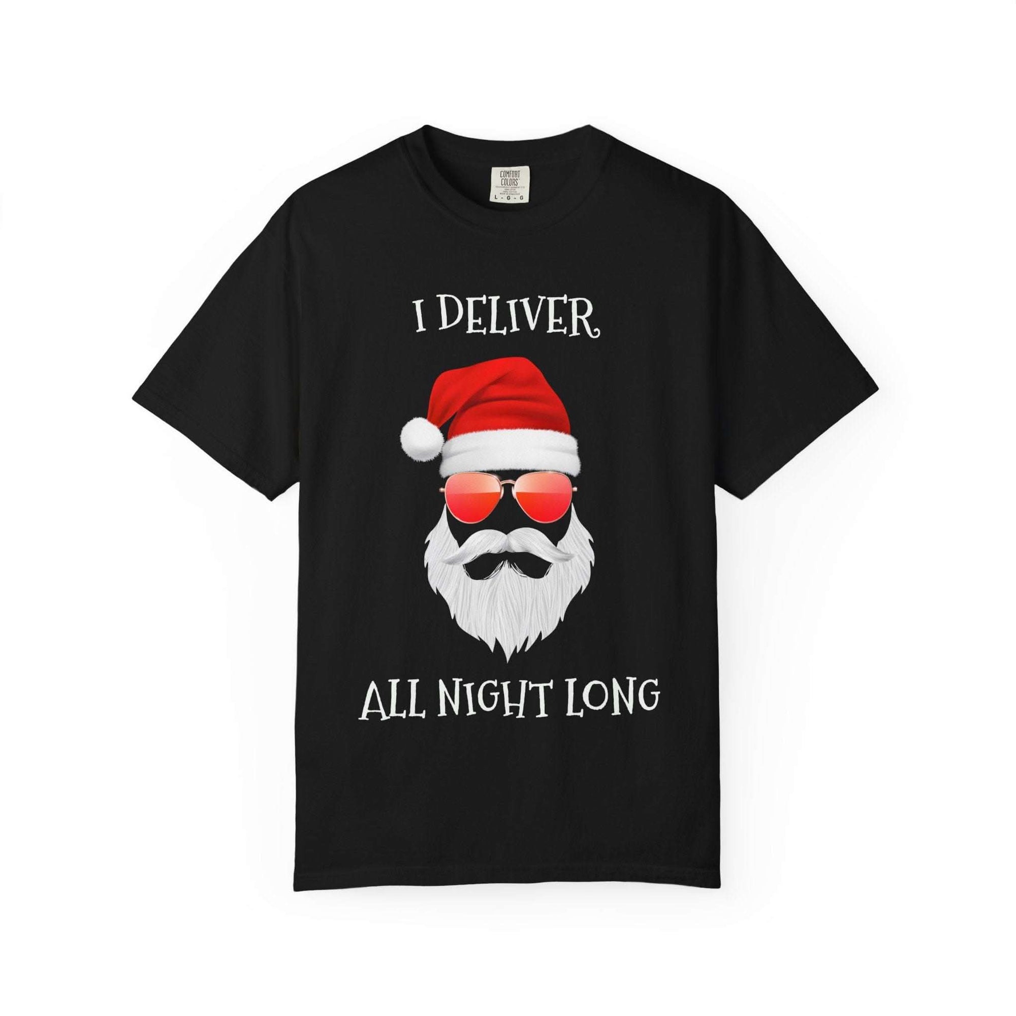 Espresso cotton t-shirt featuring 'Santa I Deliver All Night Long' print, holiday-themed design by Printify