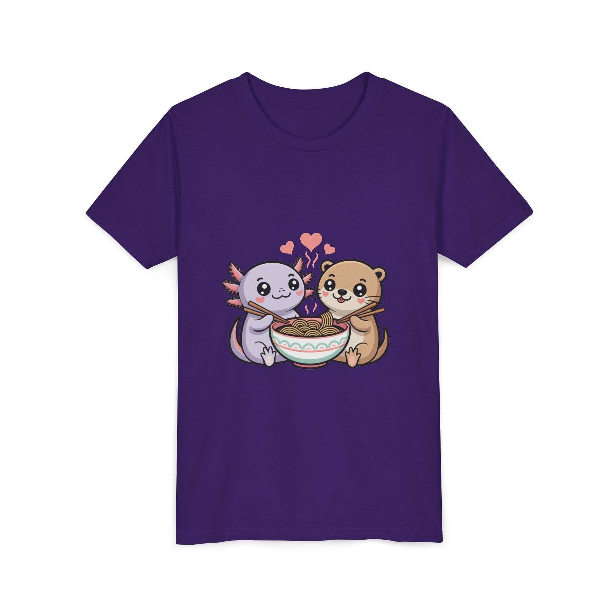 Cute Kawaii Animal Kids Shirt featuring axolotl and otter sharing ramen on lightweight cotton tee