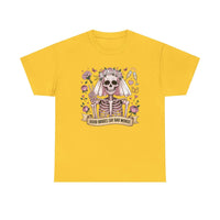 White bride skull illustration tee with roses and "Good brides say bad words" banner