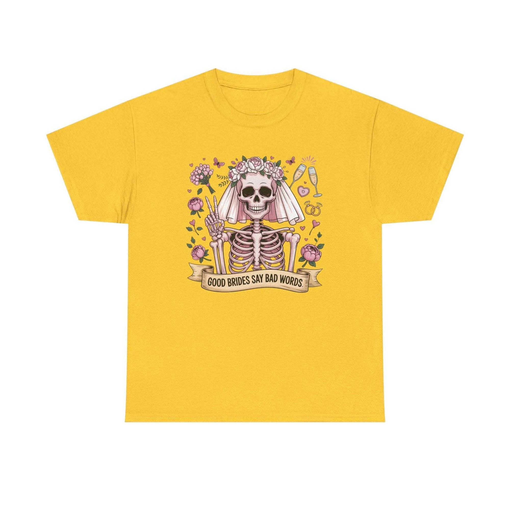 White bride skull illustration tee with roses and "Good brides say bad words" banner