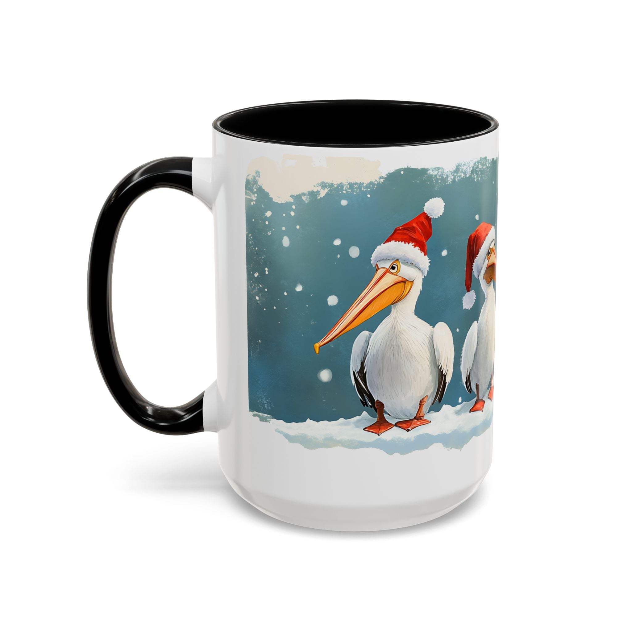 Mug with Christmas design featuring two pelicans wearing Santa hats on a snowy background.