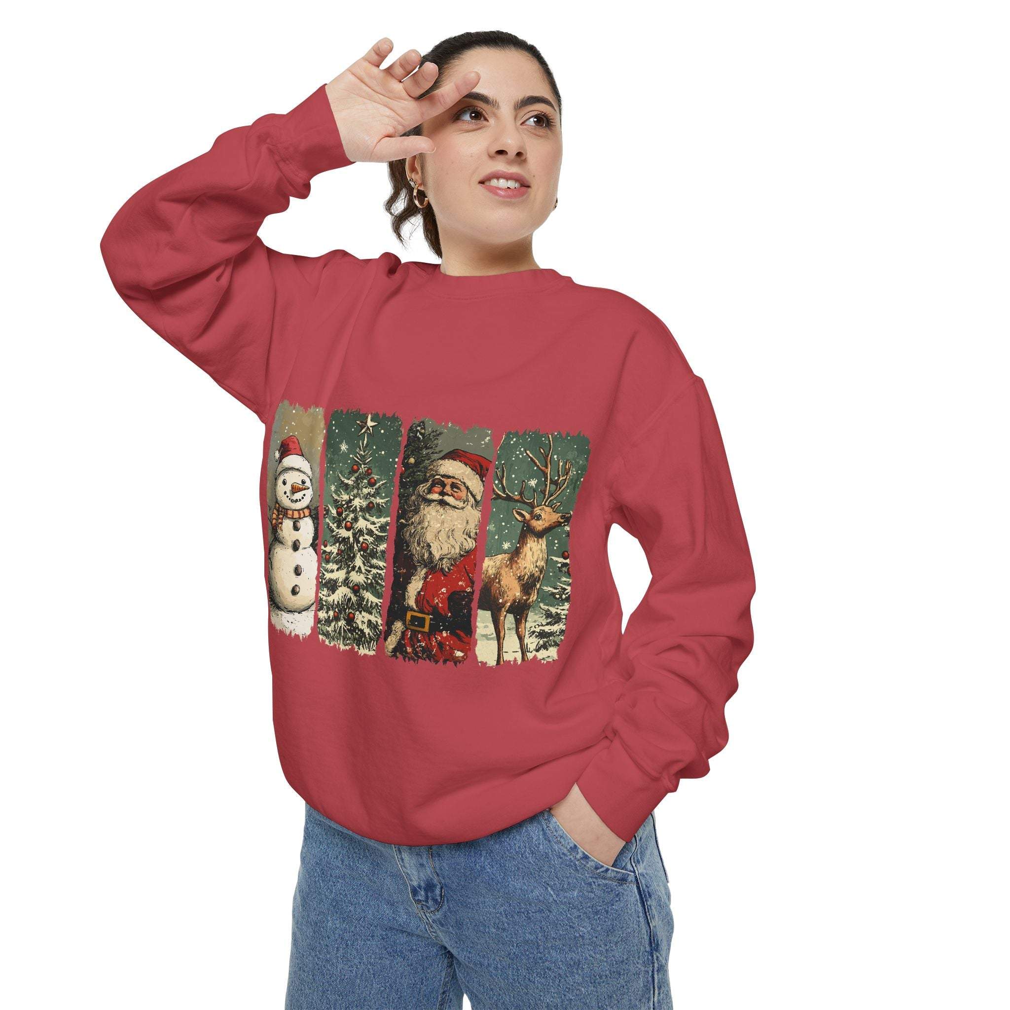 Vintage Christmas sweatshirt featuring watercolor swatches of snowman, Santa, and reindeer on red fabric
