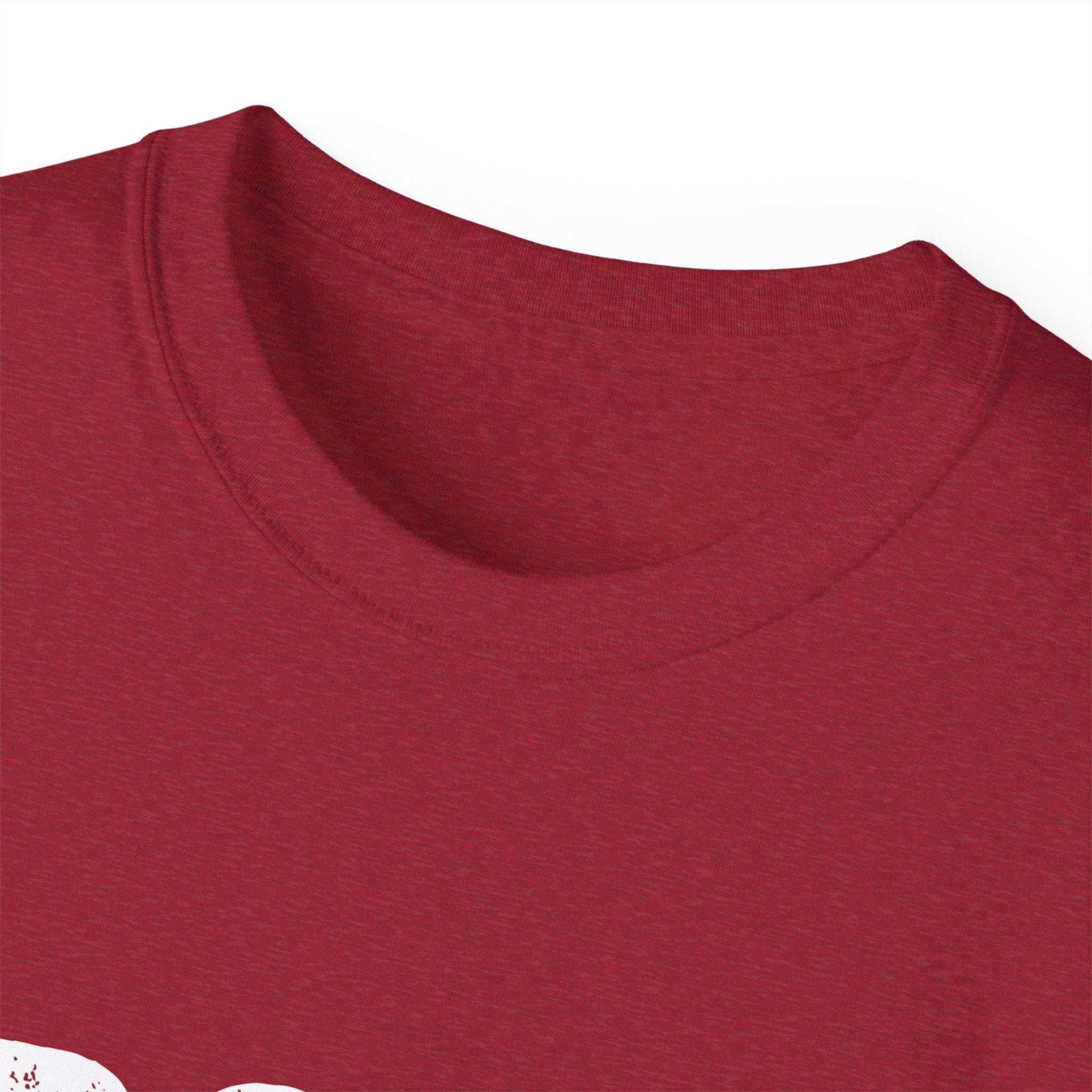 Close-up of red Distressed Frosty T-Shirt collar made from 100% US cotton in unisex style