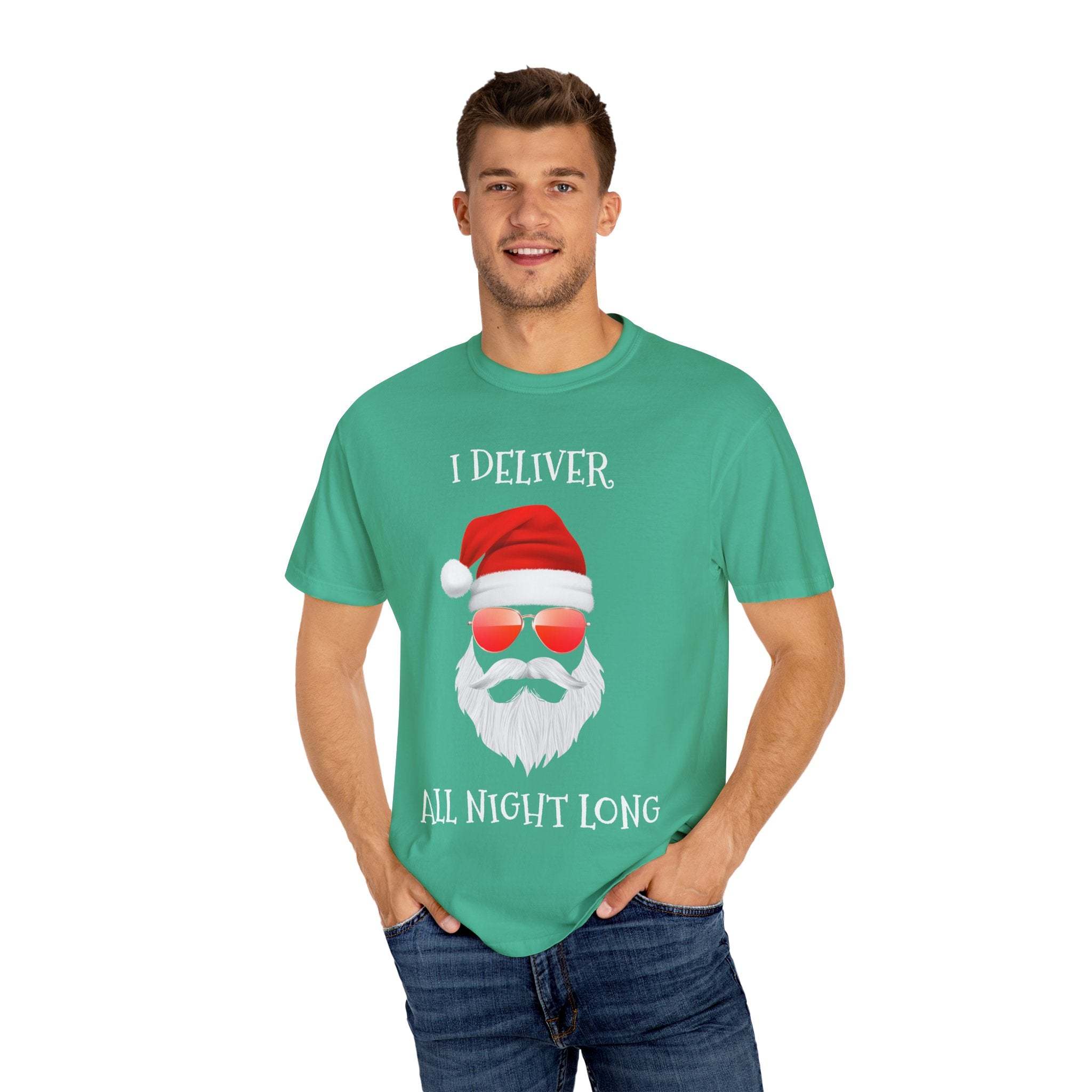 Espresso cotton t-shirt featuring 'Santa I Deliver All Night Long' print, holiday-themed design by Printify