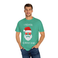 Espresso cotton t-shirt featuring 'Santa I Deliver All Night Long' print, holiday-themed design by Printify