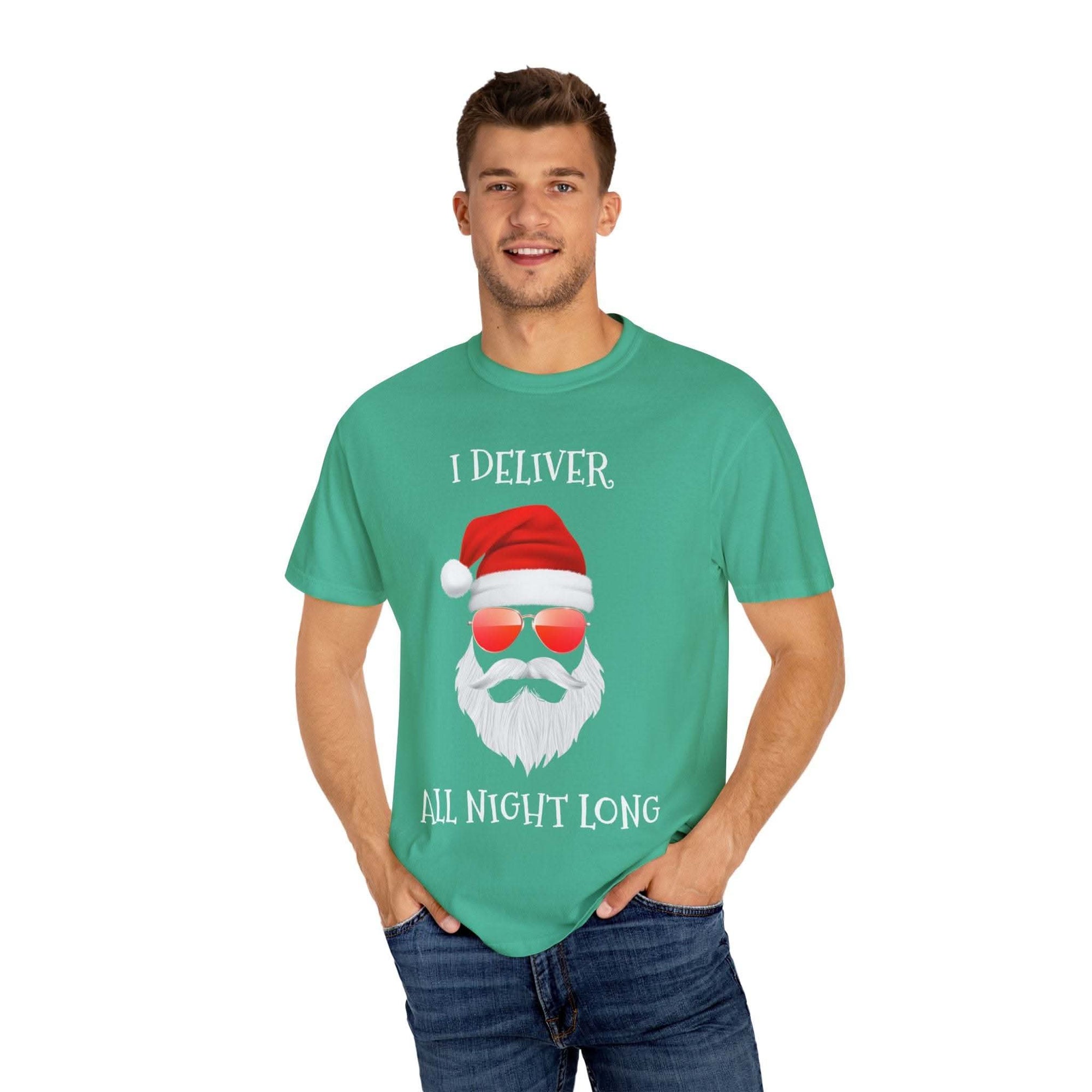 Espresso cotton t-shirt featuring 'Santa I Deliver All Night Long' print, holiday-themed design by Printify