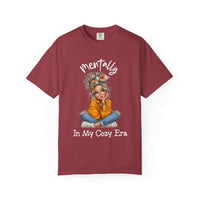 Maroon t-shirt with a graphic of a girl and text on a white background