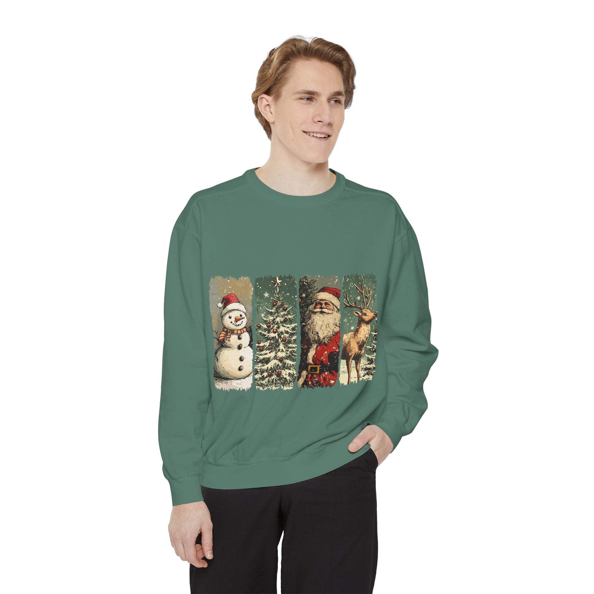 Man wearing vintage Christmas sweatshirt with watercolor snowman, Christmas tree, Santa, and reindeer design