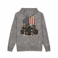American Flag Monster Truck hoodie with camouflage truck graphic and distressed flag design