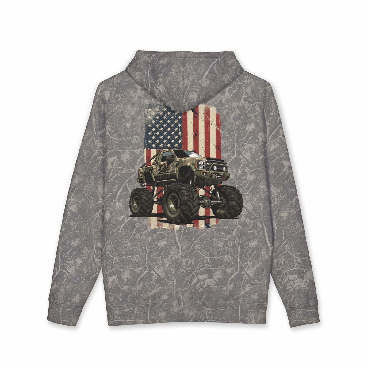 American Flag Monster Truck hoodie with camouflage truck graphic and distressed flag design