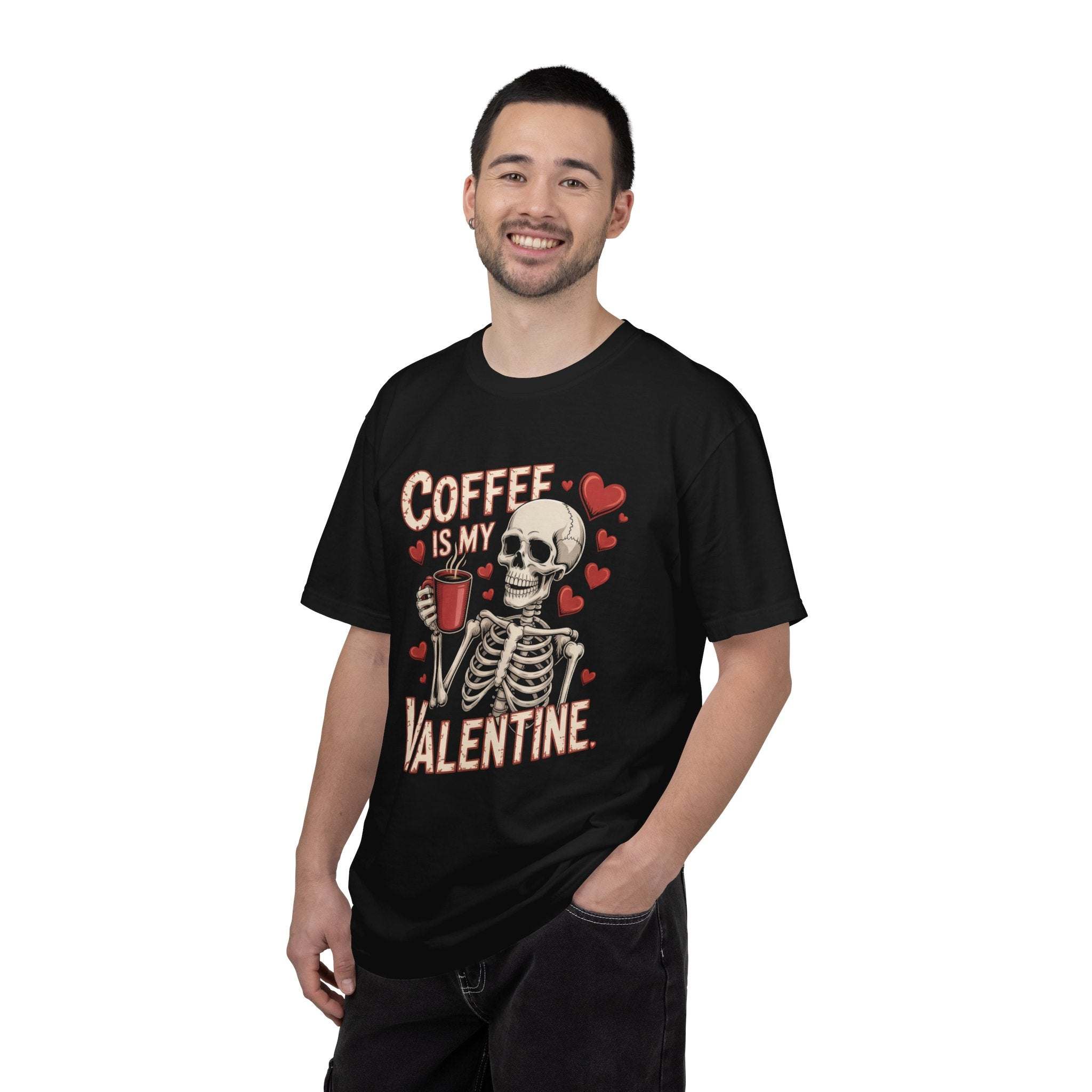 Coffee Is My Valentine skeleton graphic vintage-washed t-shirt with relaxed fit and soft cotton fabric