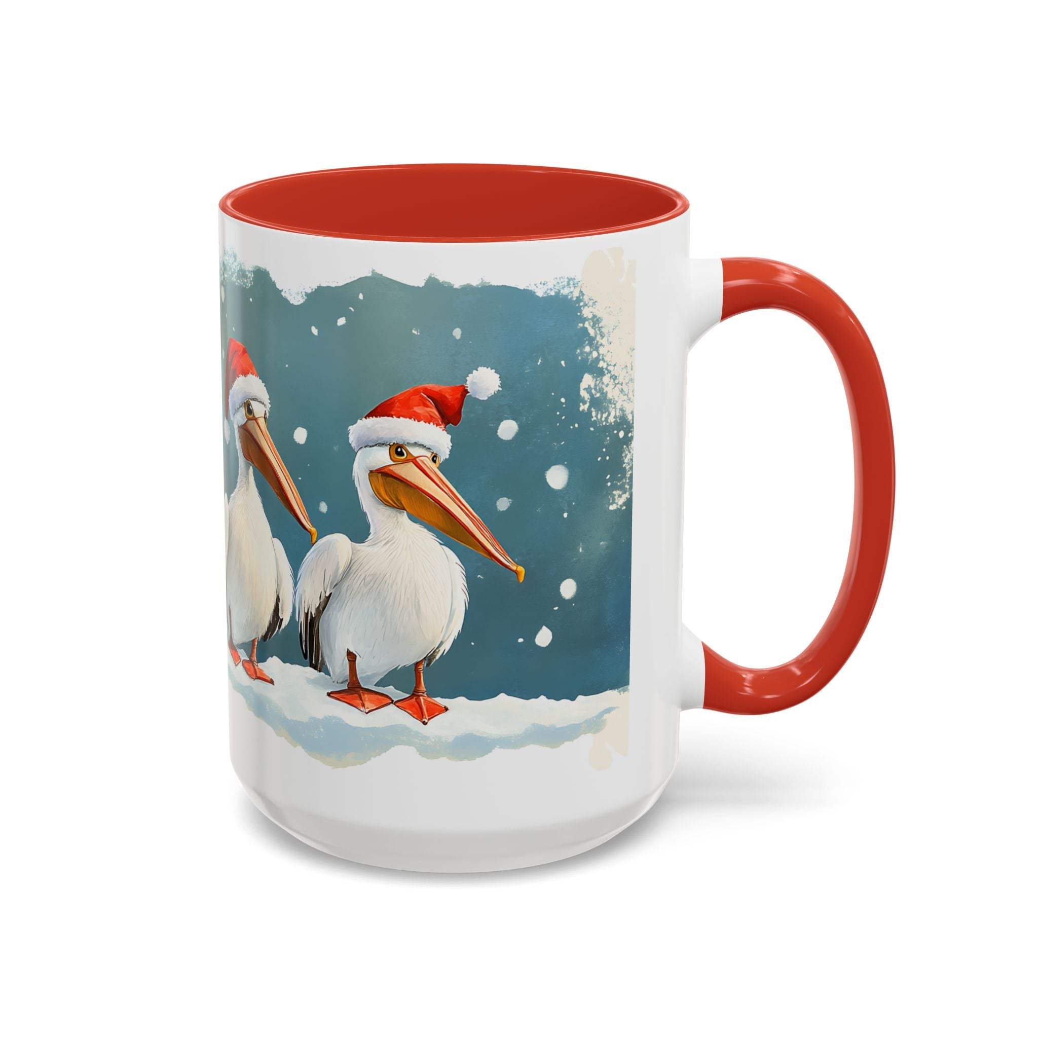 Mug with Christmas design of pelicans wearing Santa hats on a snowy background