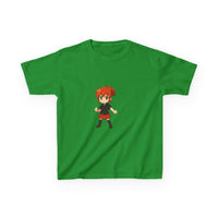 White 100% cotton kids t-shirt featuring an anime power girl design by Printify
