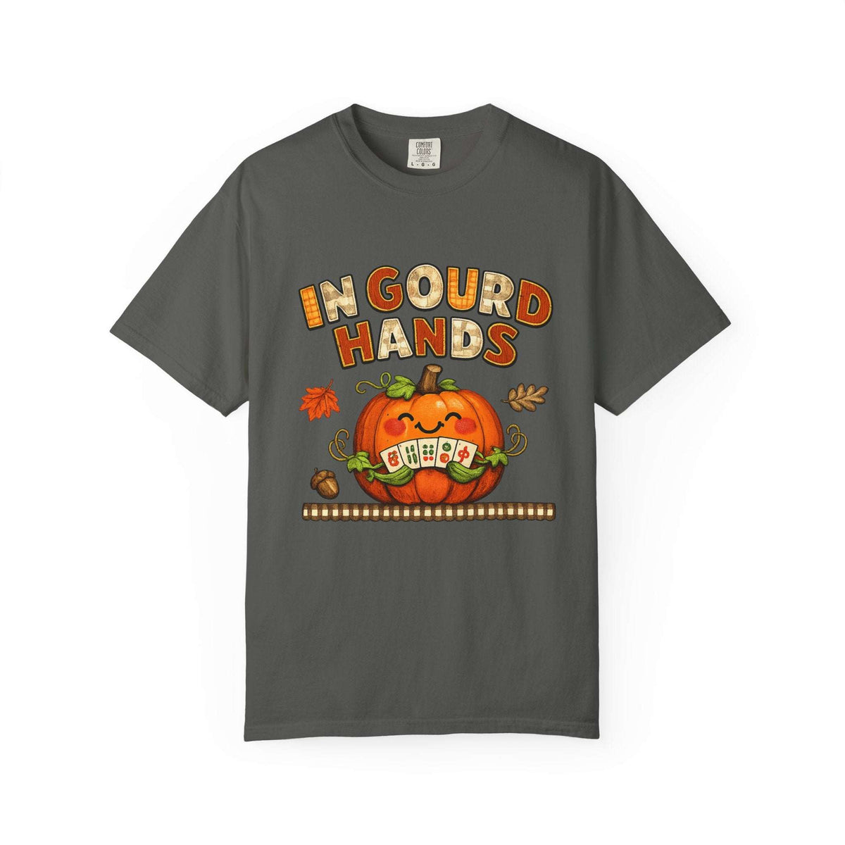 A dark gray crewneck t-shirt featuring a Halloween graphic with the text 'IN GOURD HANDS' above a smiling orange pumpkin holding a 'OH EPTA' sign, displayed on a clean white background.