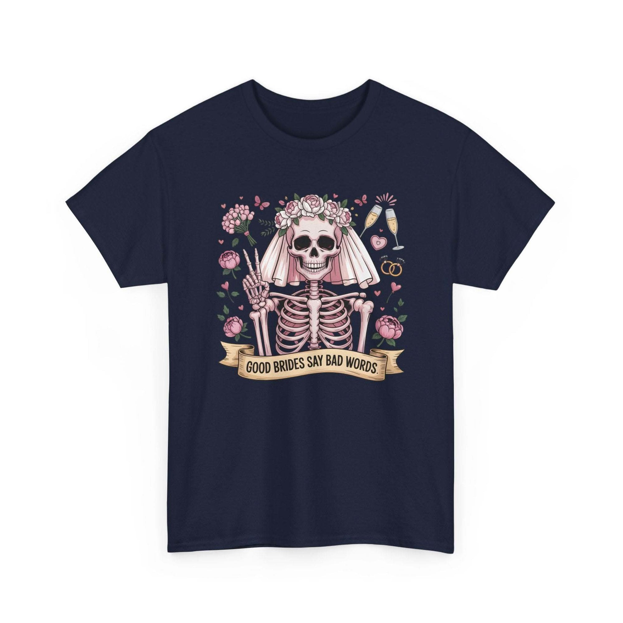Bride Skull Illustration Tee featuring a smiling skeleton bride with roses and champagne flutes on soft white cotton