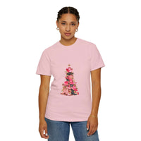 Pepper-colored cotton t-shirt featuring a festive cowgirl Christmas tree design by Printify
