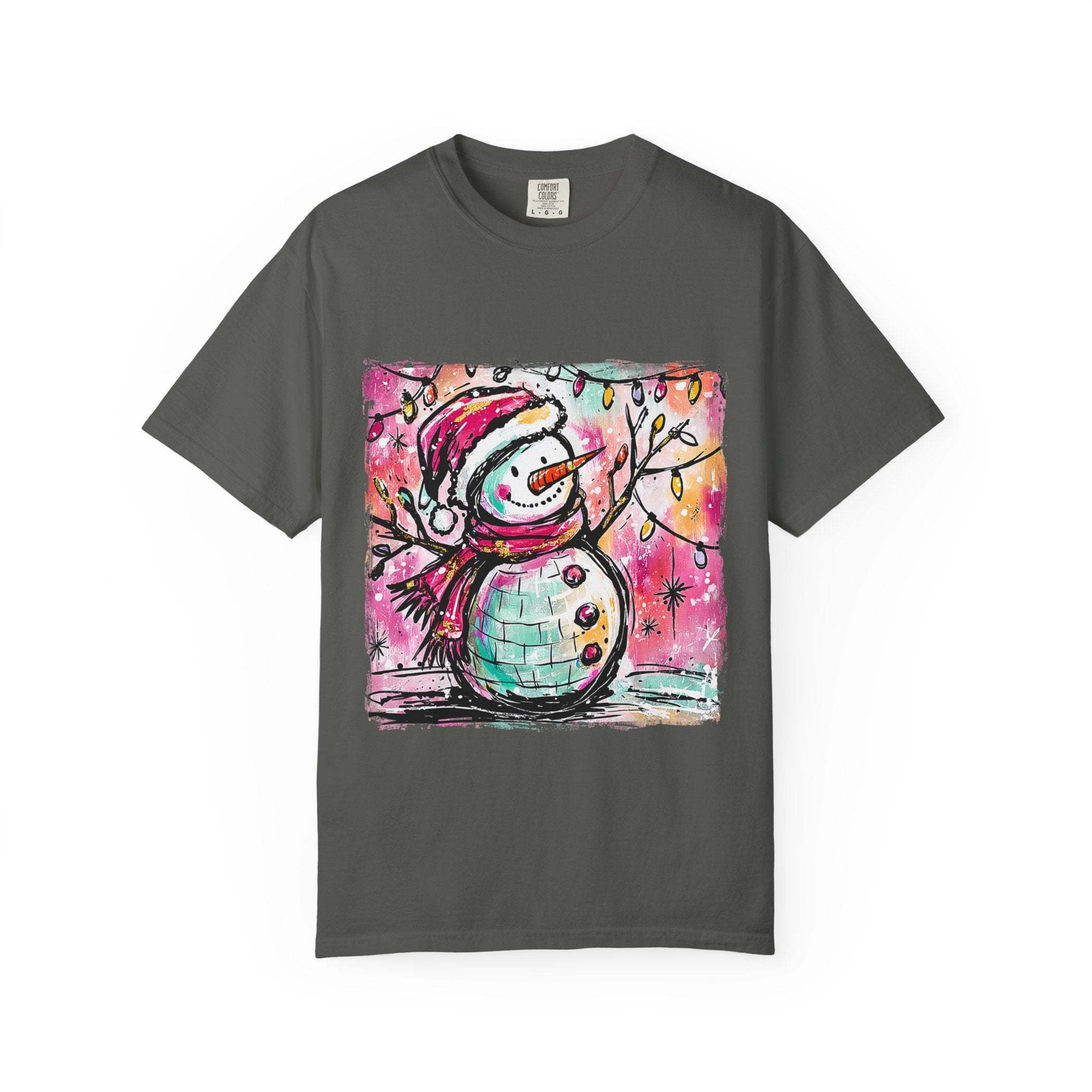 White unisex t-shirt featuring colorful disco ball snowman design, perfect for Christmas and dance parties by Printify