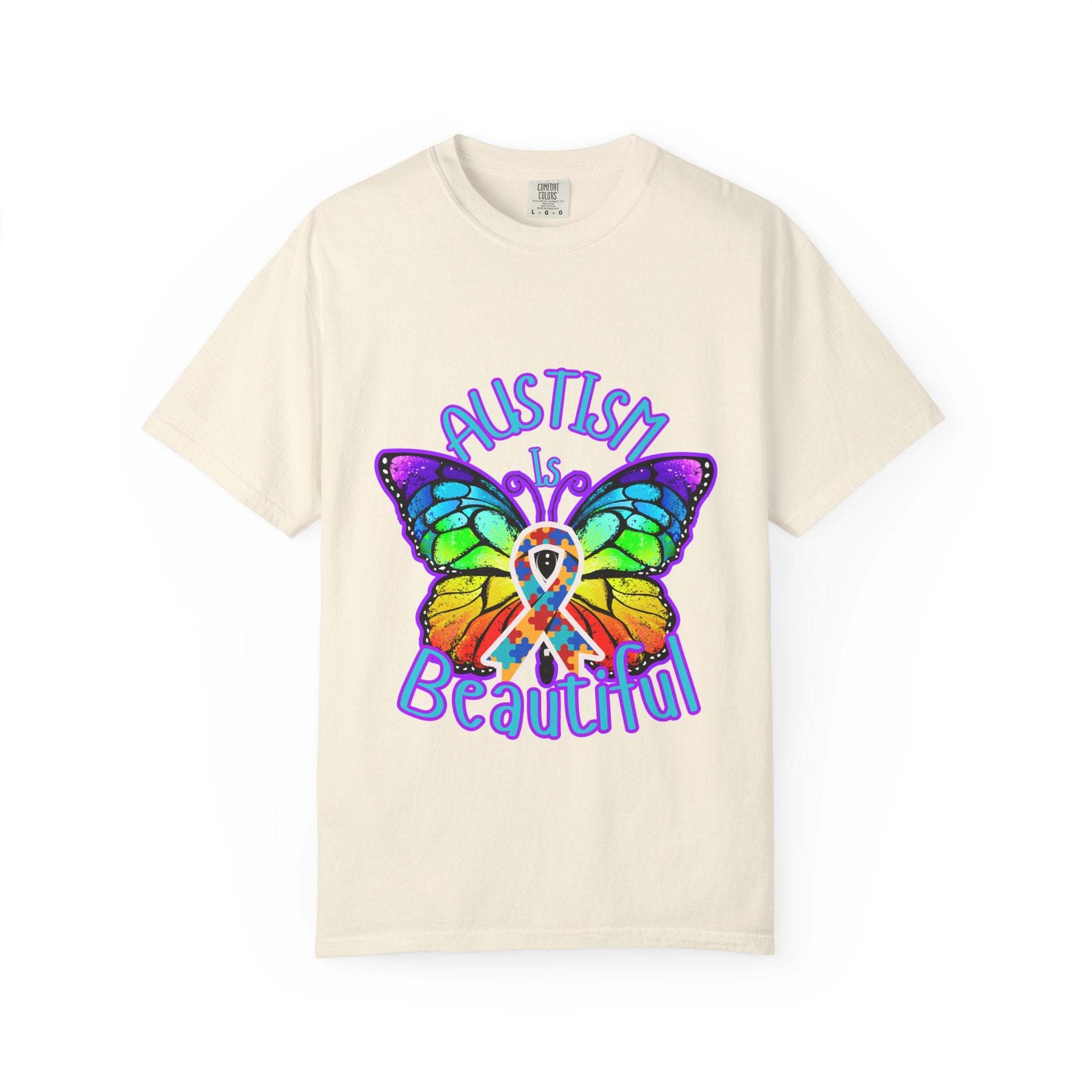 Autism is Beautiful T-shirt with colorful butterfly and puzzle ribbon design on soft cotton fabric