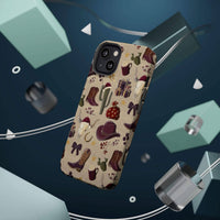 Cowboy Christmas design phone case for iPhone 17 in glossy finish by Printify, featuring festive colors and patterns.