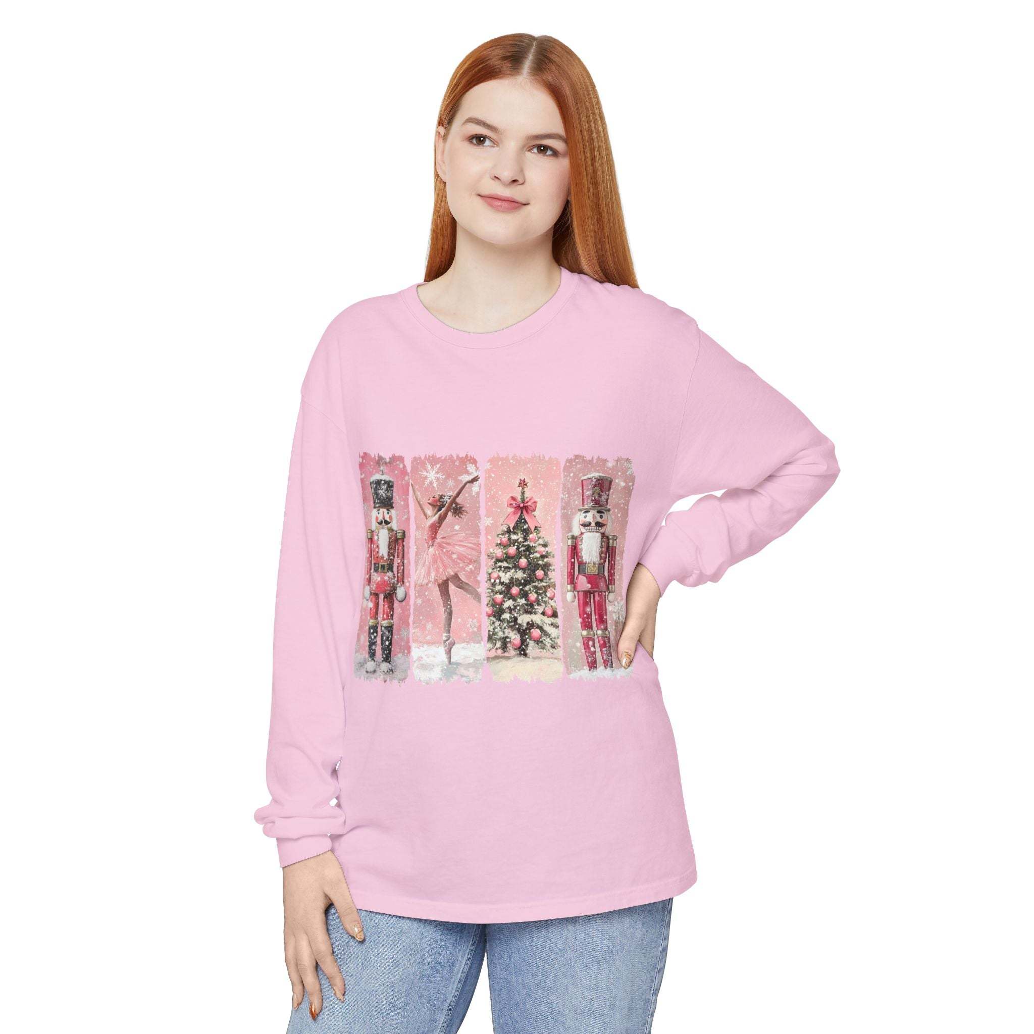 Preppy pink long sleeve t-shirt with watercolor Nutcracker Christmas design