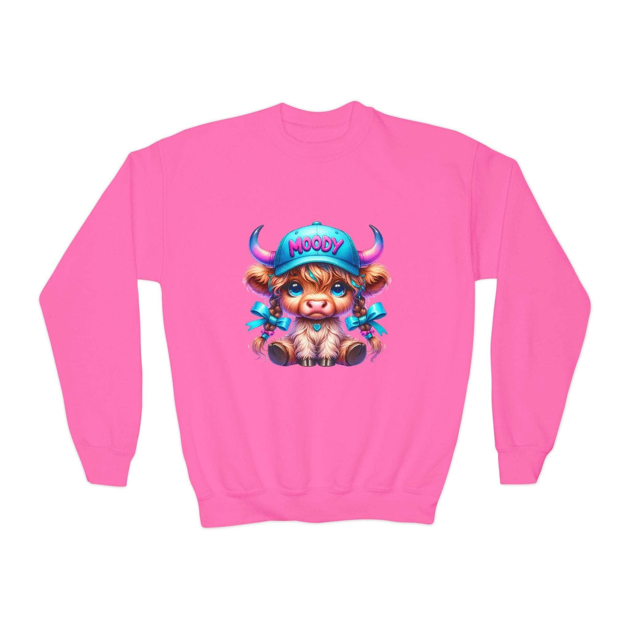 Pink youth sweatshirt with Moody Girl Highland Cow cartoon wearing blue cap and ribbons