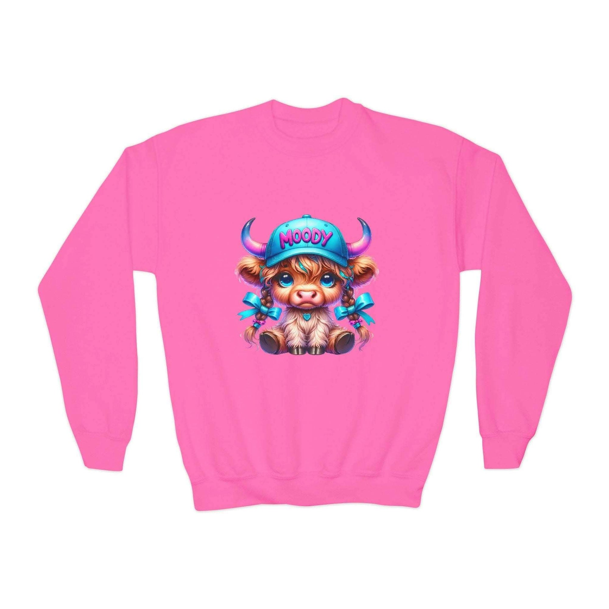Pink youth sweatshirt with Moody Girl Highland Cow cartoon wearing blue cap and ribbons